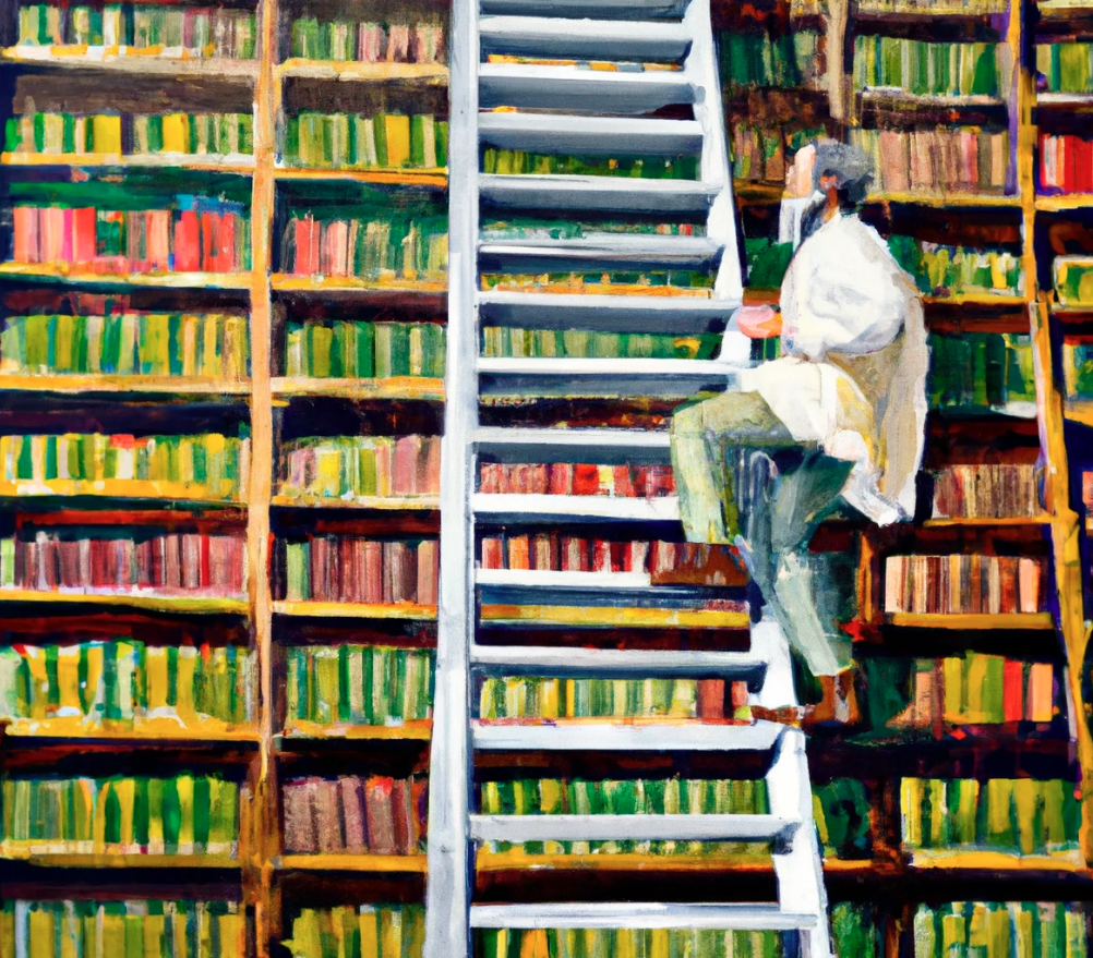 man climbing a ladder in a library